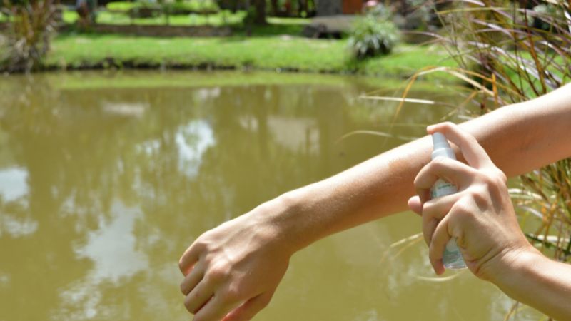 insektenspray wird auf einen nackten unterarm gesprüht