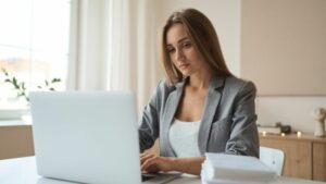 frau sitzt konzentriert vor ihrem laptop