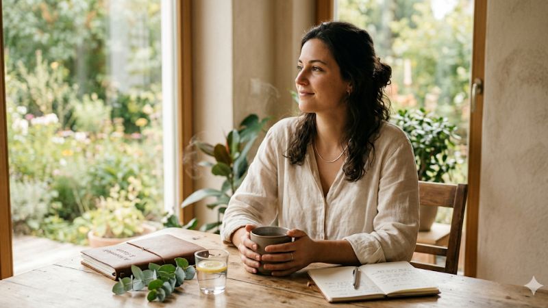 junge frau sitzt am tisch mit einer tasse fastentee